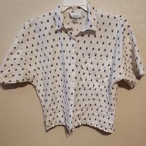 Women's White and Blue Patterned Button Down Shirt